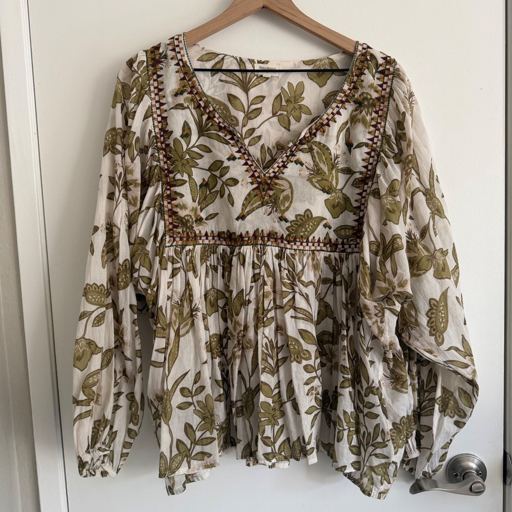 World Market Boho Cotton Floral Embroidered Peasant Blouse Green L/XL RenFaire